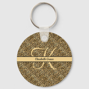 Monogramm Name Schwarz Gold Leopardenprint Gepard Schlüsselanhänger
