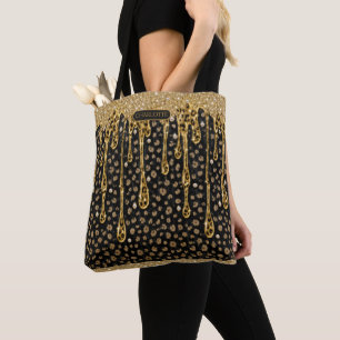 Monogramm Name Schwarz Gold tropfender Glitter Gla Tasche