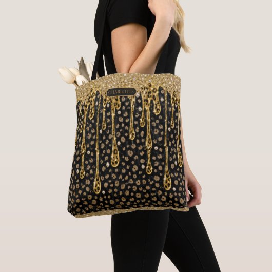 Monogramm Name Schwarz Gold tropfender Glitter Gla Tasche (Von Nahem)