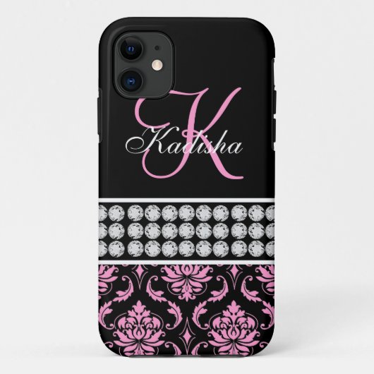 Monogramm Name Schwarz Pink Damast iPhone 5 Hülle (Rückseite)
