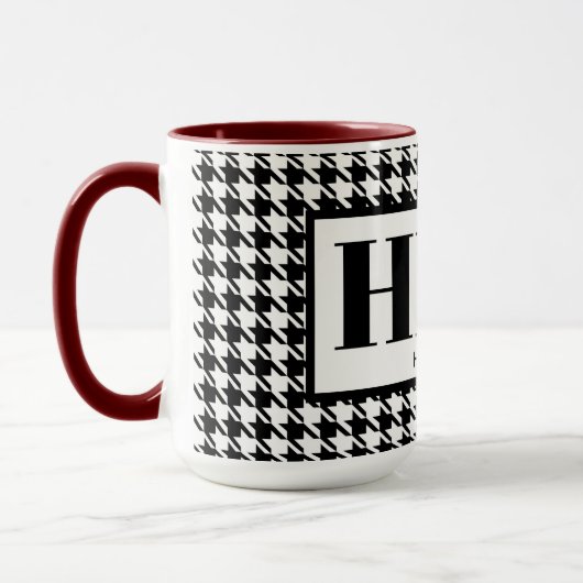 Monogramm-Name Schwarz/Weiß-Hahnentrittmuster 15oz Tasse (Links)