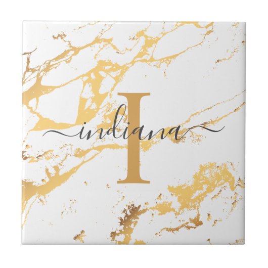 Monogramm-Name-Script-Initial Gold-Marmor-Muster Fliese (Vorderseite)