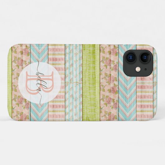 Monogramm Name Shabby-Rose auf rustikale Hütte Case-Mate iPhone Hülle (Rückseite (Horizontal))