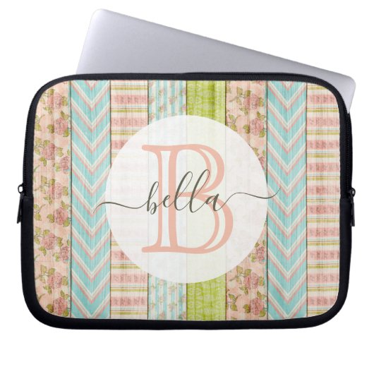 Monogramm Name Shabby-Rose auf rustikale Hütte Laptopschutzhülle (Vorderseite)