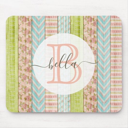 Monogramm Name Shabby-Rose auf rustikale Hütte Mousepad (Vorne)