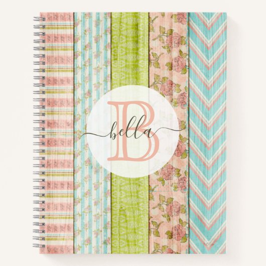 Monogramm Name Shabby-Rose auf rustikale Hütte Notizblock (Vorderseite)