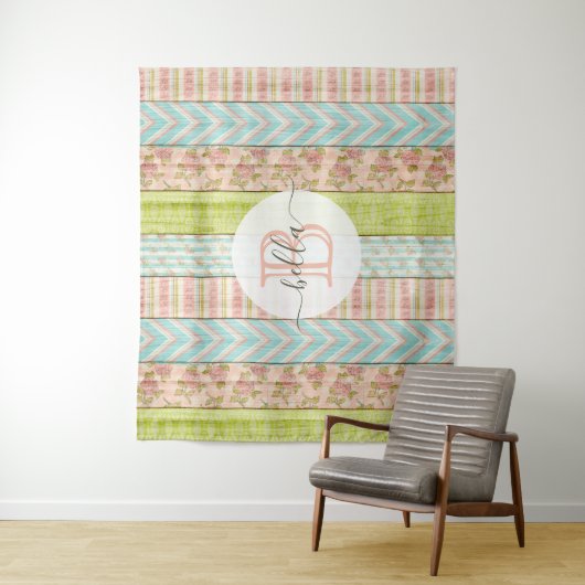 Monogramm Name Shabby-Rose auf rustikale Hütte Wandteppich (Beispiel)