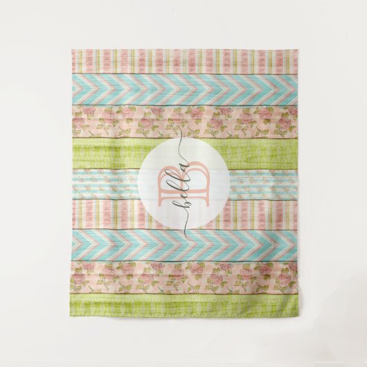 Monogramm Name Shabby-Rose auf rustikale Hütte Wandteppich (Vorderseite)