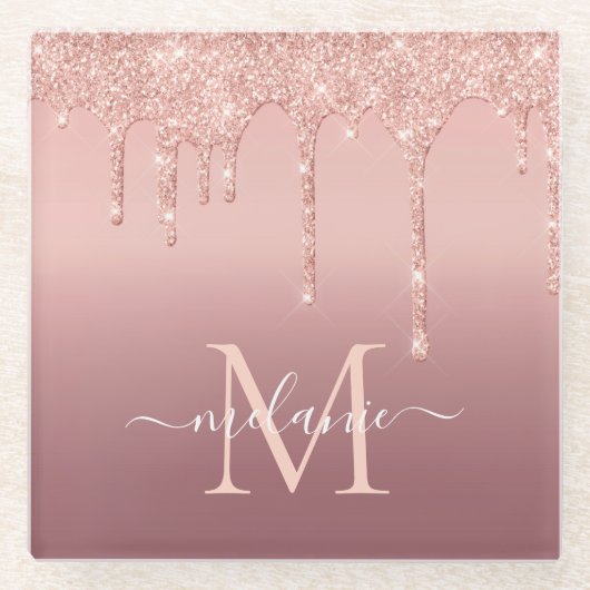 Monogramm Name Text Rose Gold Glass Untersetzer (Vorderseite)