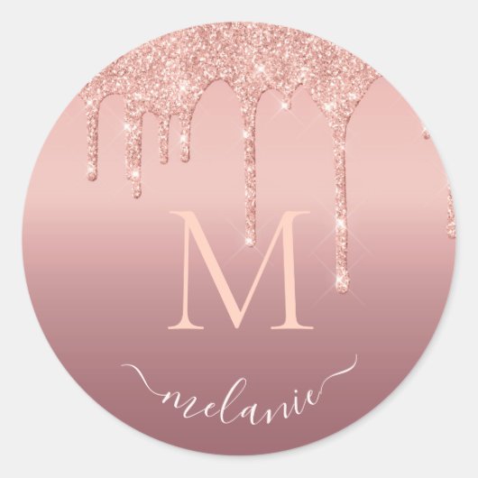 Monogramm Name Text Roségold Rosa Glitter Funkeln Runder Aufkleber (Vorderseite)