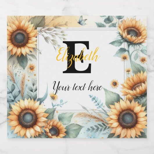 Monogramm Name Text Sonnenblumen Aquarell Alkoholflaschenetikett (Einzelnes Label)