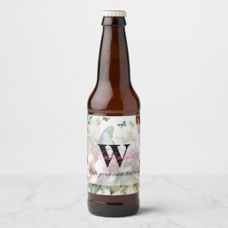Monogramm Name Tropische Blume Blätter Aquarell Bierflaschenetikett