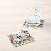 Monogramm Name Tropische Blume Blätter Aquarell Rechteckiger Pappuntersetzer (Vor Ort)