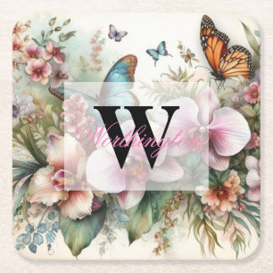 Monogramm Name Tropische Blume Blätter Aquarell Rechteckiger Pappuntersetzer