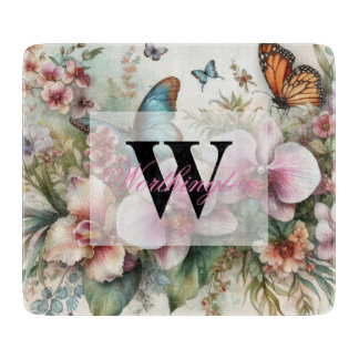 Monogramm Name Tropische Blume Blätter Aquarell Schneidebrett