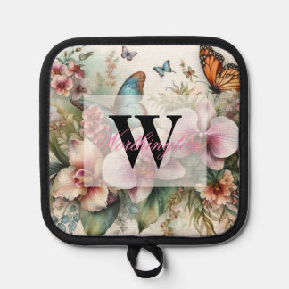 Monogramm Name Tropische Blume Blätter Aquarell Topflappen
