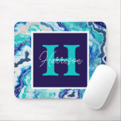 Monogramm-Name Türkis und Blauer Marmor Mousepad (Mit Mouse)