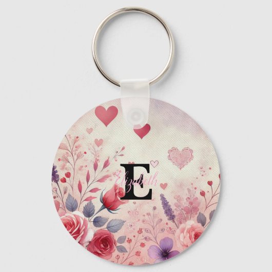 Monogramm Name Valentinherzen Blütenfarbe Schlüsselanhänger (Vorderseite)