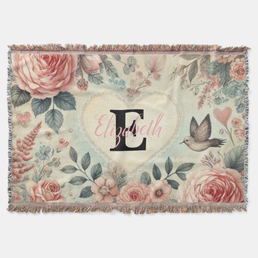 Monogramm Name Vintag romantische Herzen Rosa Blüt Decke (Vorderseite)