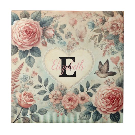 Monogramm Name Vintag romantische Herzen Rosa Blüt Fliese (Vorderseite)