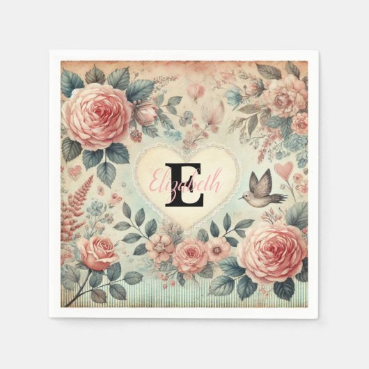 Monogramm Name Vintag romantische Herzen Rosa Blüt Serviette (Vorderseite)