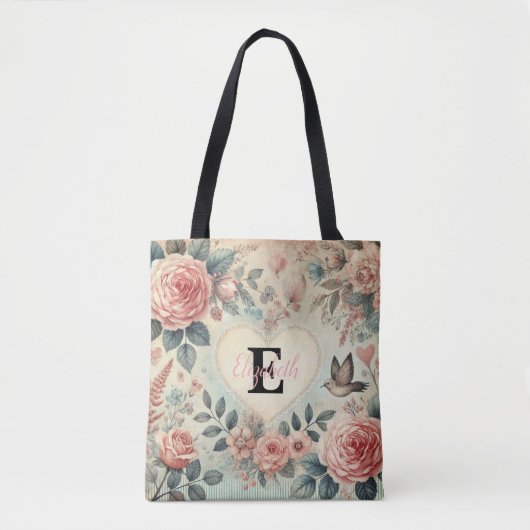 Monogramm Name Vintag romantische Herzen Rosa Blüt Tasche (Vorderseite)