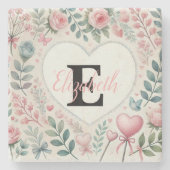 Monogramm Name Vintage-Herzen Blumenaquarell  Steinuntersetzer (Vorderseite)