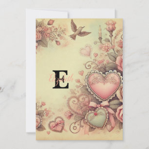 Monogramm Name Vintage Herzen Blumenaquarine Feiertagskarte