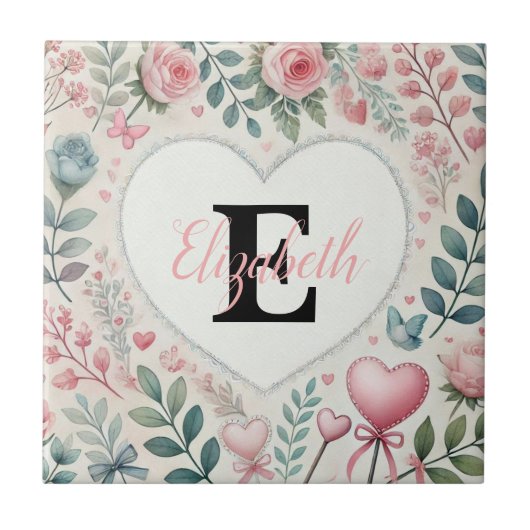 Monogramm Name Vintage Herzen Blumenaquarine Fliese (Vorderseite)