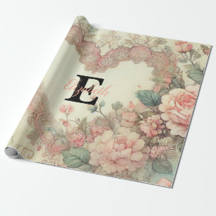 Monogramm Name Vintage Herzen Blumenaquarine Geschenkpapier