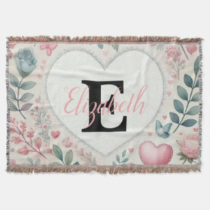 Monogramm Name Vintage-Herzen Floral-Aquarell Decke