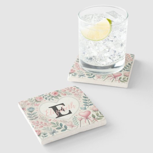 Monogramm Name Vintage-Herzen Floral Aquarell Steinuntersetzer (Seitenansicht)