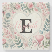 Monogramm Name Vintage-Herzen Floral Aquarell Steinuntersetzer (Vorderseite)