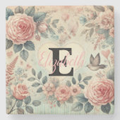 Monogramm Name vintage romantische Herzen rosa flo Steinuntersetzer (Vorderseite)