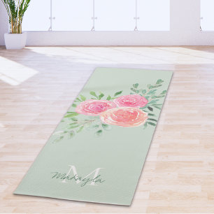 Monogramm Name Wasserfarbe Floral Grün Yogamatte