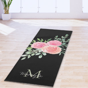 Monogramm Name Wasserfarbe Floral Schwarz Yogamatte