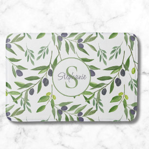 Monogramm-Name-Wasserfarbe-Olivenmuster Badematte