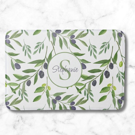 Monogramm-Name-Wasserfarbe-Olivenmuster Badematte