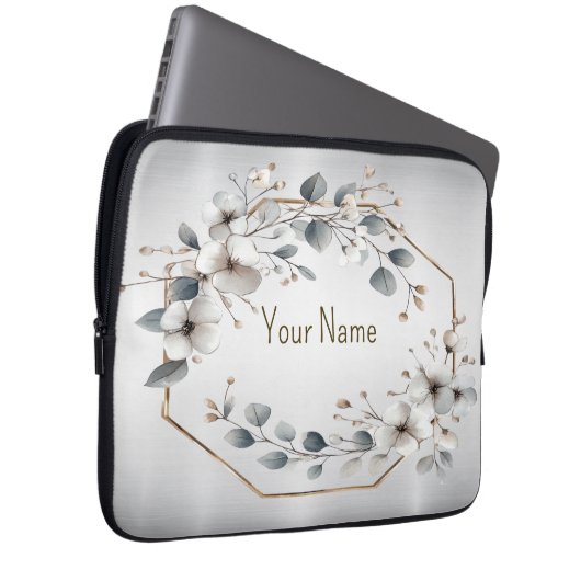 Monogramm Name Wasserfarbe Weißer Blume Goldener R Laptopschutzhülle (Vorne Rechts)