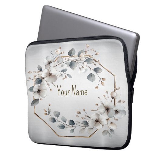 Monogramm Name Wasserfarbe Weißer Blume Goldener R Laptopschutzhülle (Vorderseite Links)