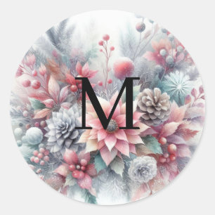 Monogramm-Name Weihnachten floral Pastell Aquarell Runder Aufkleber