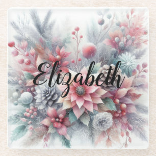 Monogramm-Name Weihnachten floral Pastell-Wasserfa Glasuntersetzer