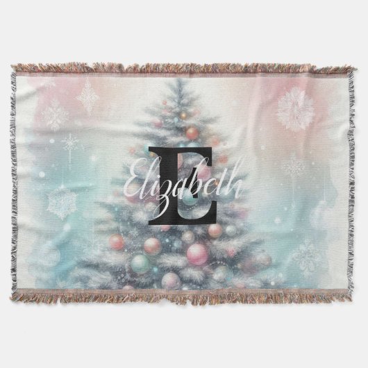 Monogramm Name Weihnachtsbaum florale Aquarell Decke (Vorderseite)