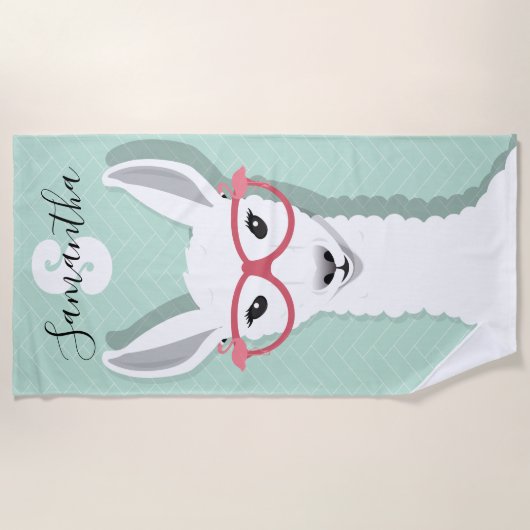 Monogramm Name White Green Lama Flamingo Brille Strandtuch (Vorderseite)