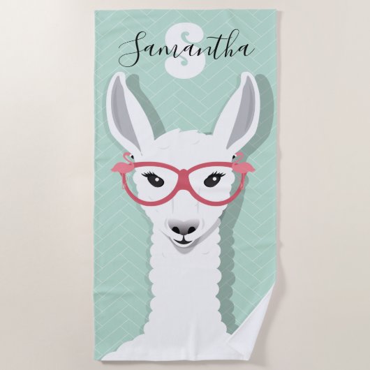 Monogramm Name White Green Lama Flamingo Brille Strandtuch (Vorderseite)