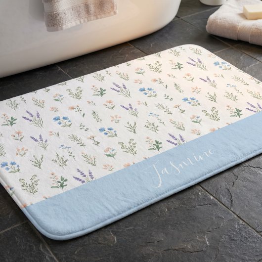 Monogramm Name Wildblume Blau Lavendel Boho Badematte