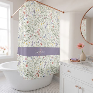 Monogramm Name Wildblume Boho Lavendel Mohnblumen Duschvorhang