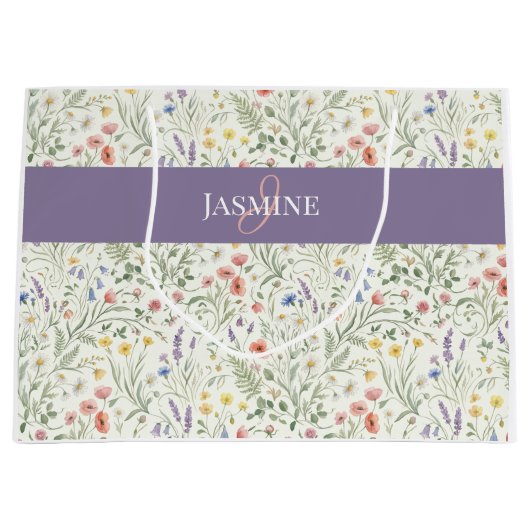 Monogramm Name Wildblume Boho Lavendel Mohnblumen Große Geschenktüte (Vorderseite)
