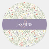Monogramm Name Wildblume Boho Lavendel Mohnblumen Runder Aufkleber (Vorderseite)