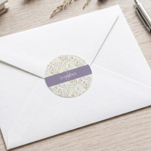 Monogramm Name Wildblume Boho Lavendel Mohnblumen Runder Aufkleber